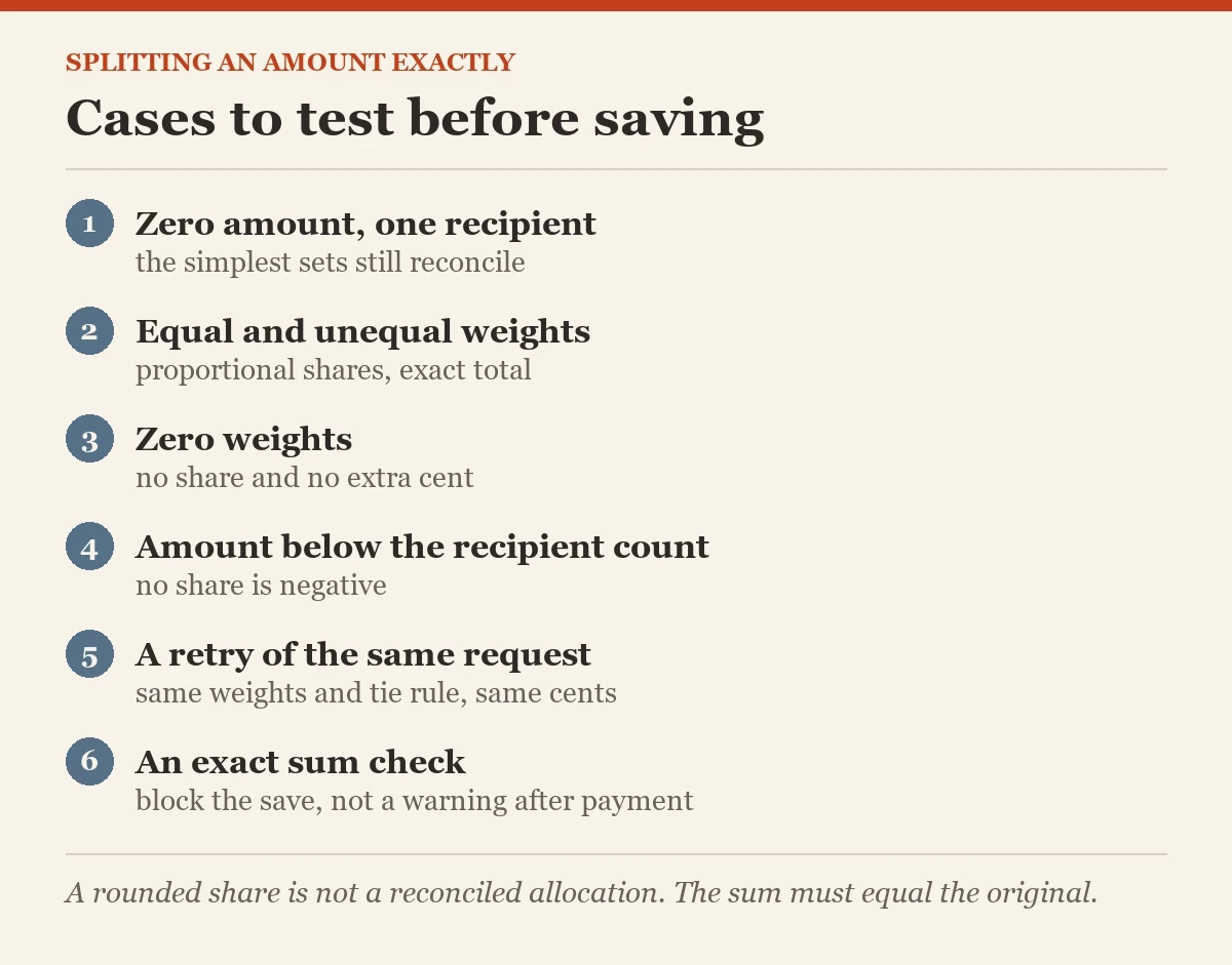 Cases to test before saving: a checklist on the splitting an amount