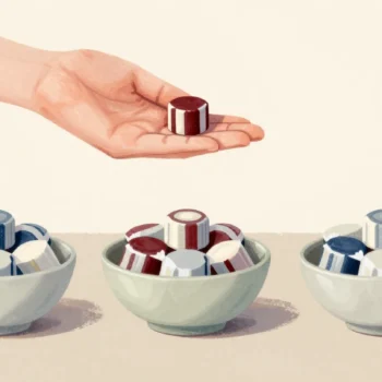 Three bowls with equal heaps of toffees, one last toffee resting in an open palm above them