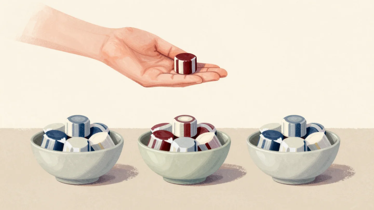 Three bowls with equal heaps of toffees, one last toffee resting in an open palm above them
