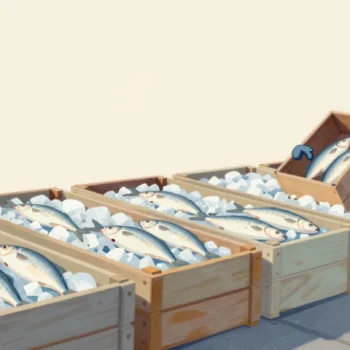 A row of full fish crates on a quay at dawn, one crate at the end holding only a few fish
