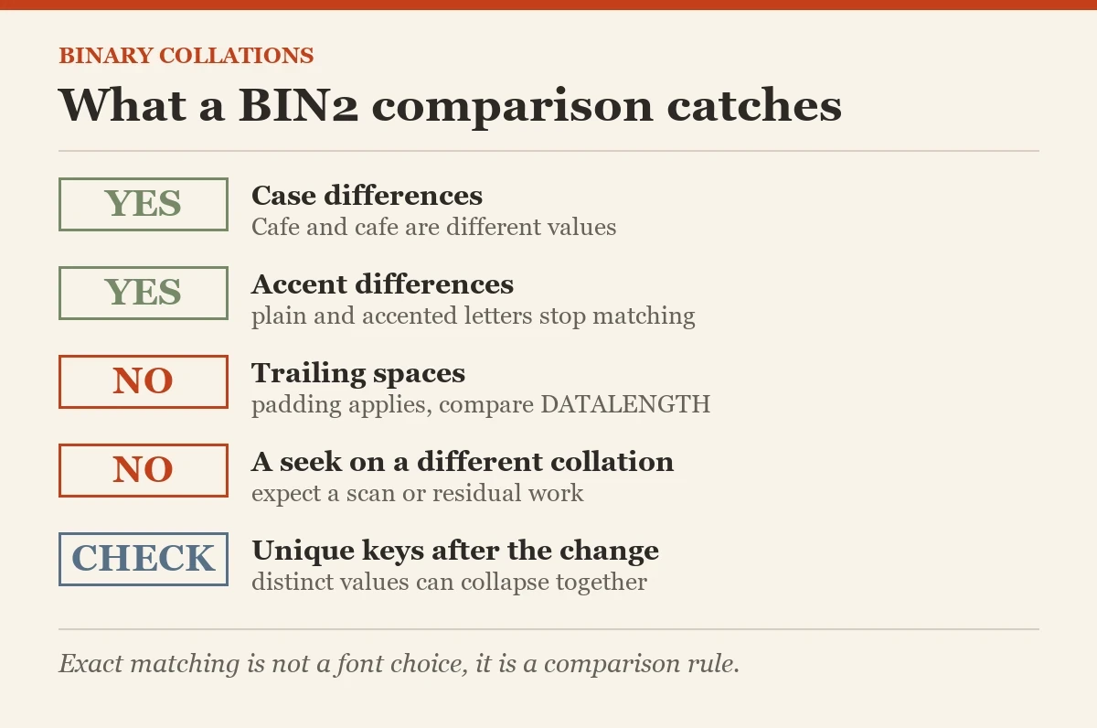 What a BIN2 comparison catches: a checklist on the binary collation