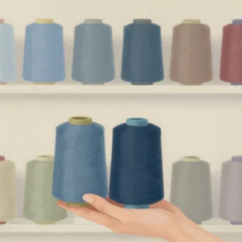 A hand holding two nearly identical slate blue thread spools against a window, beside a rack of spools sorted by shade.