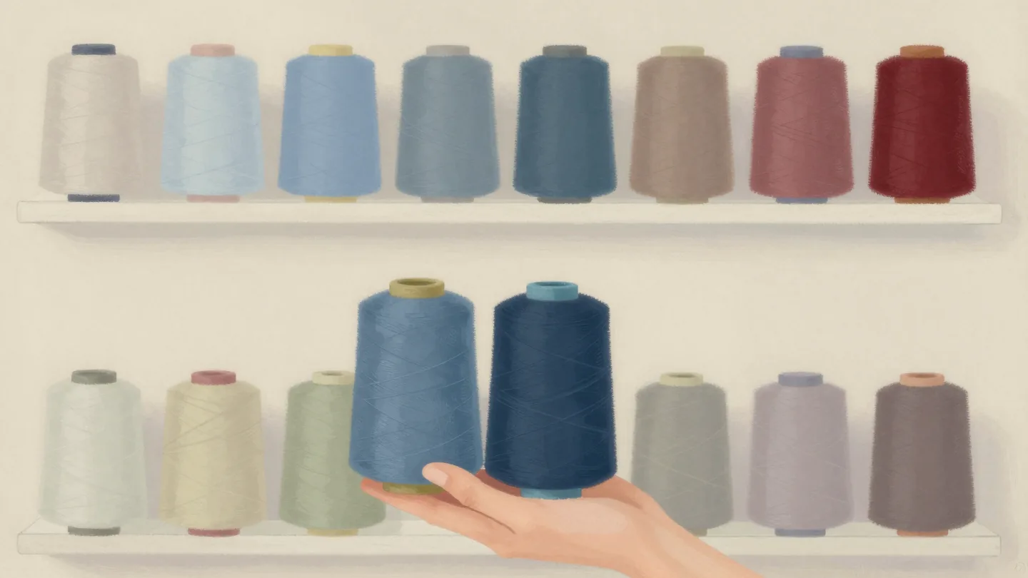 A hand holding two nearly identical slate blue thread spools against a window, beside a rack of spools sorted by shade.