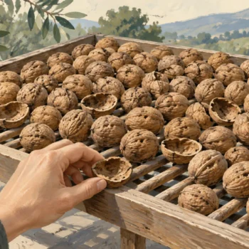 A hand removes an empty walnut shell from a rack crowded with whole nuts and hollow shells