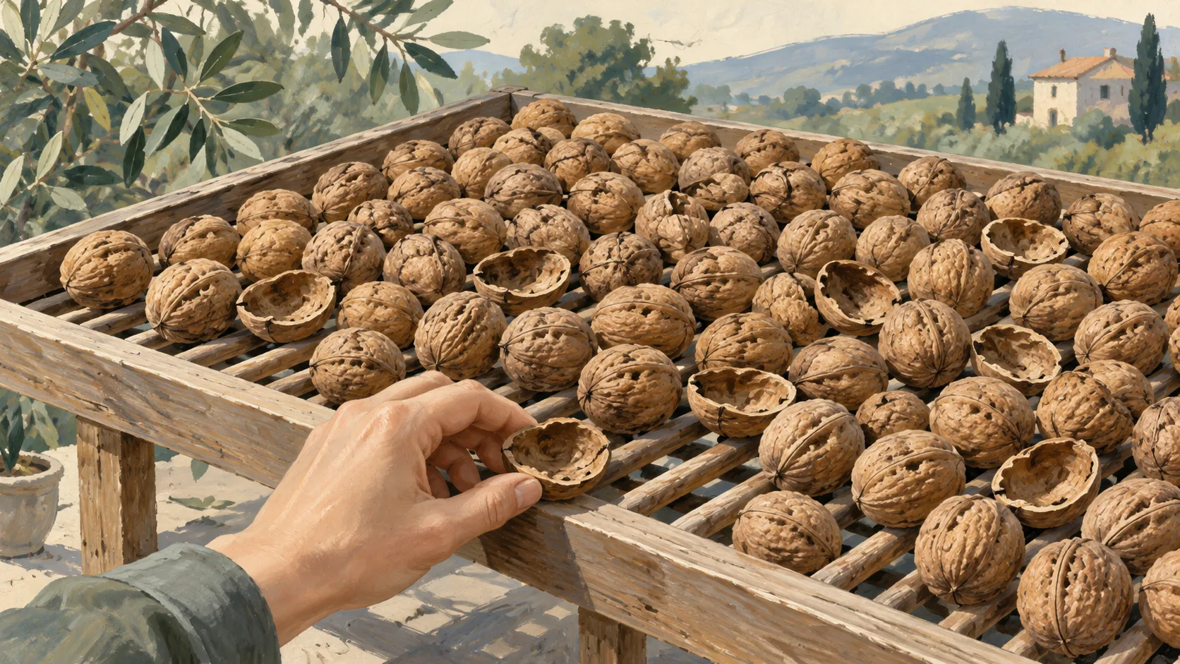 A hand removes an empty walnut shell from a rack crowded with whole nuts and hollow shells
