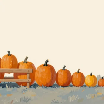 Pumpkins in pairs on a farm stand, the smaller of each pair tied with a red ribbon, one unpaired pumpkin at the end.
