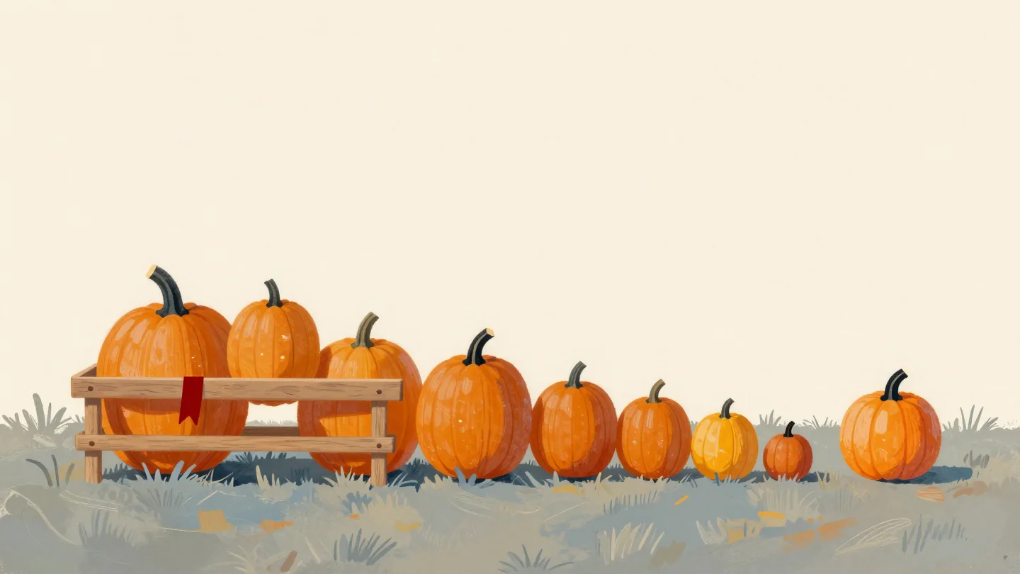 Pumpkins in pairs on a farm stand, the smaller of each pair tied with a red ribbon, one unpaired pumpkin at the end.