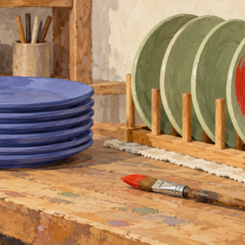 Freshly painted plates wait on a rack beside a stack of finished plates