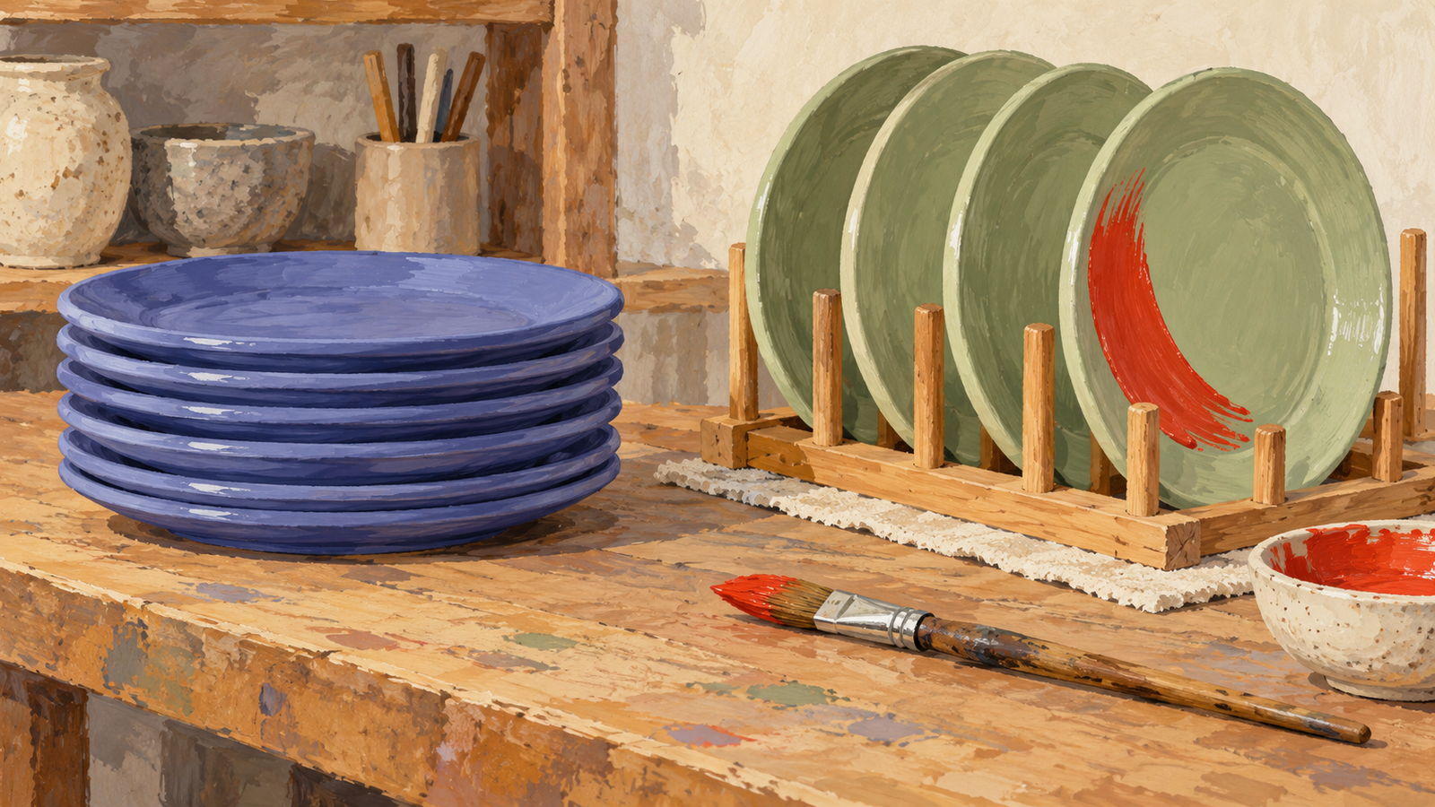 Freshly painted plates wait on a rack beside a stack of finished plates