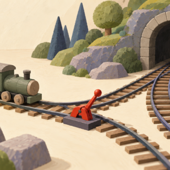 Two railway routes meet at the same tunnel with a switch at their junction