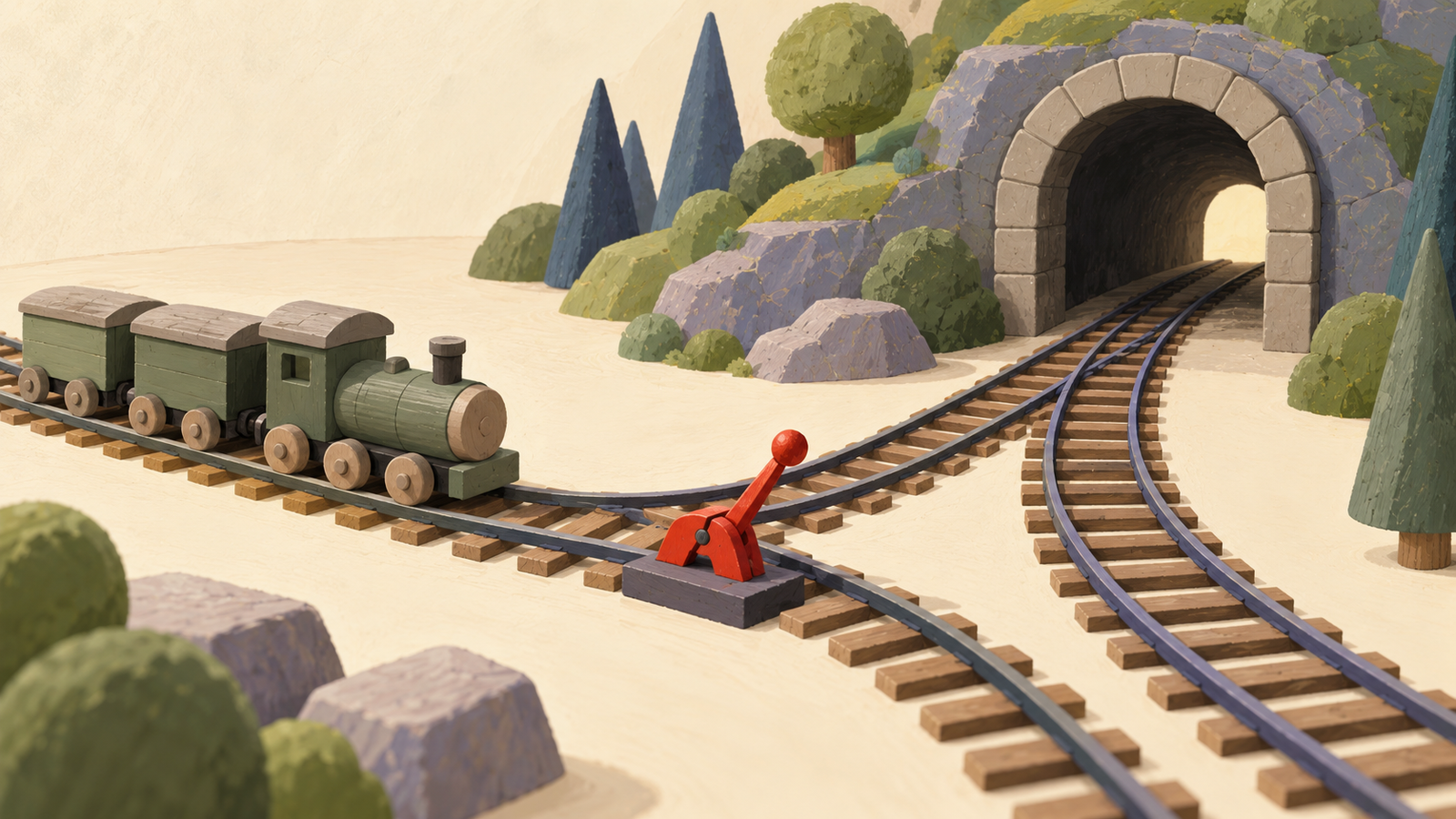 Two railway routes meet at the same tunnel with a switch at their junction