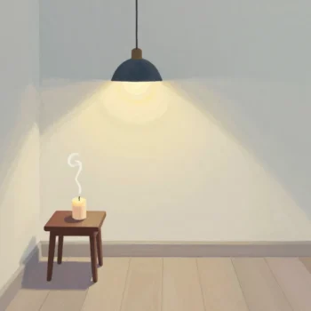 A newly lit pendant lamp illuminates an extinguished candle