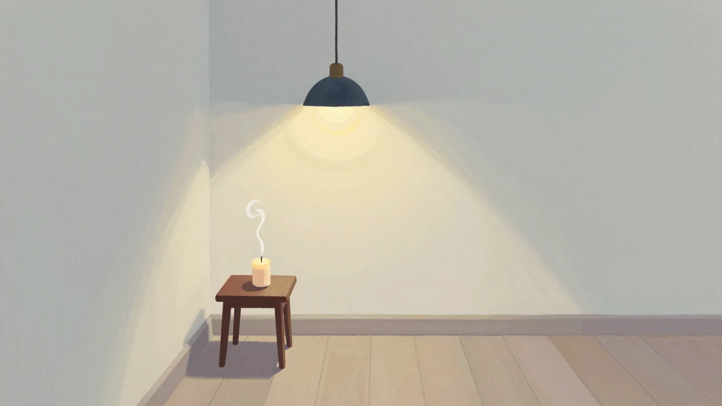 A newly lit pendant lamp illuminates an extinguished candle