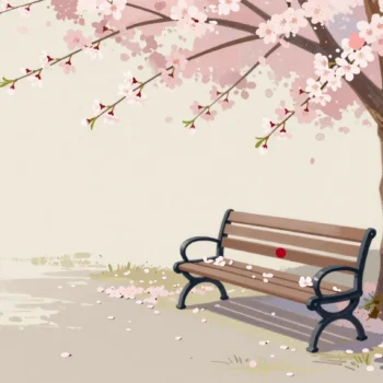 An empty park bench under falling blossoms shows why appearance alone cannot establish its last use