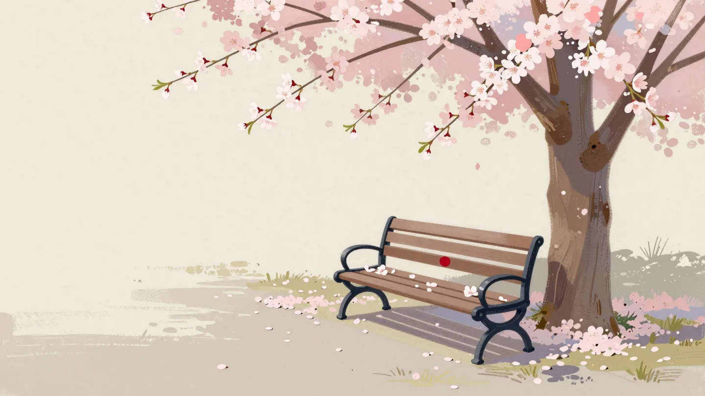 An empty park bench under falling blossoms shows why appearance alone cannot establish its last use