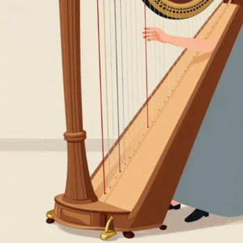 A new harp in a sunny music room, a foot moving one brass pedal while a hand plucks a string