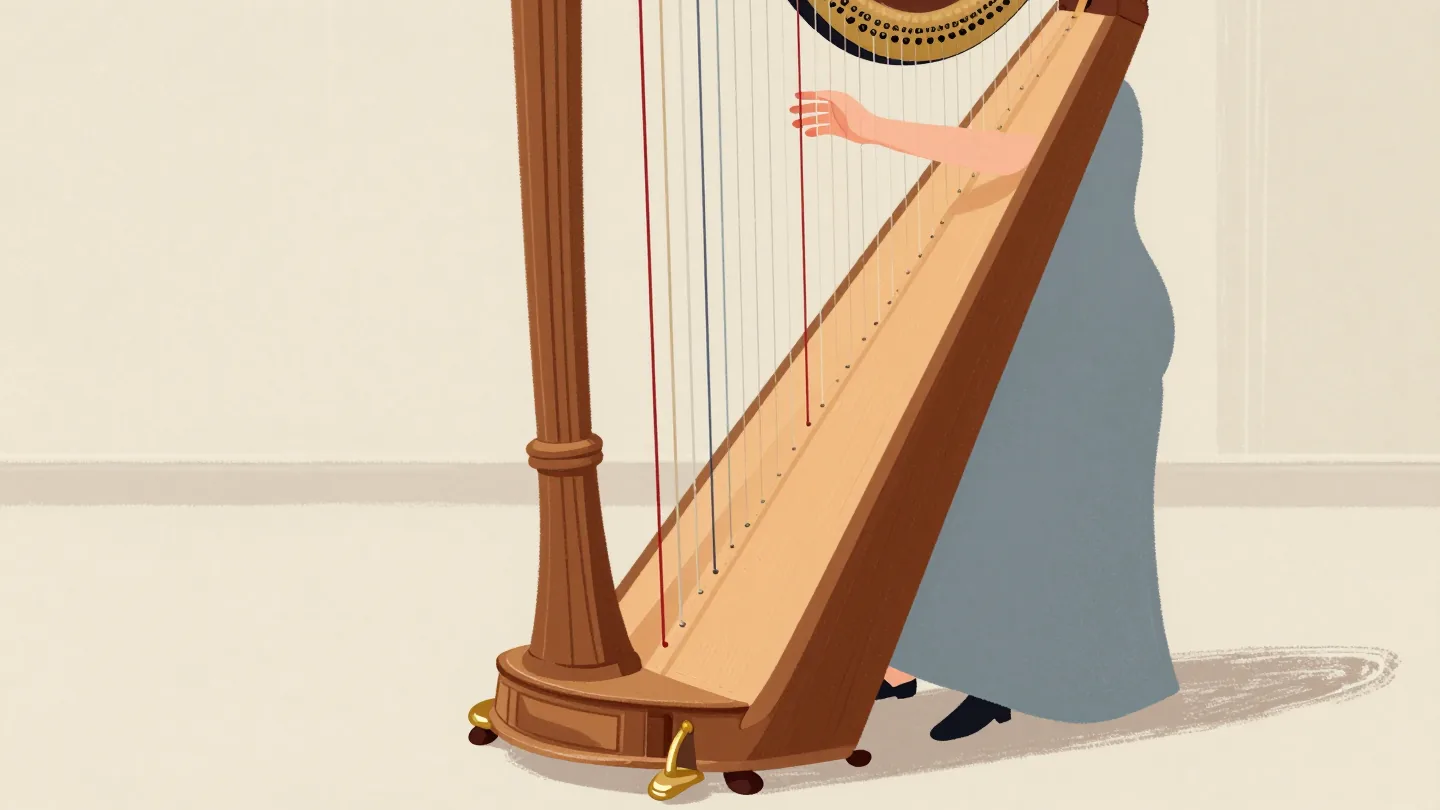 A new harp in a sunny music room, a foot moving one brass pedal while a hand plucks a string