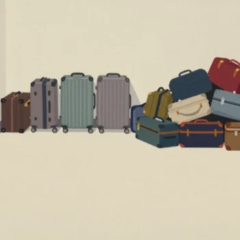 A hotel luggage room where a sprawling heap of small overnight bags takes more floor than the trunks and suitcases