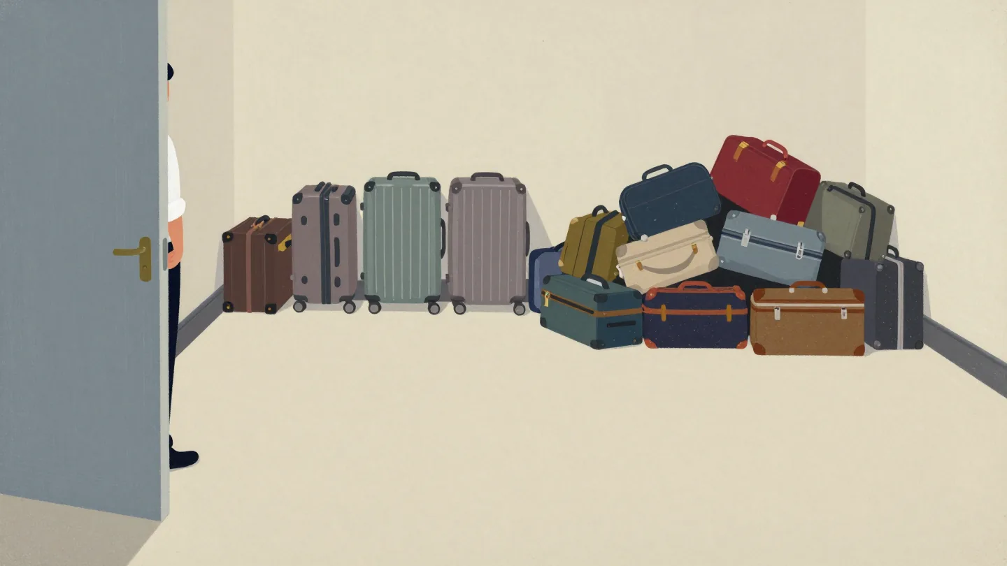 A hotel luggage room where a sprawling heap of small overnight bags takes more floor than the trunks and suitcases