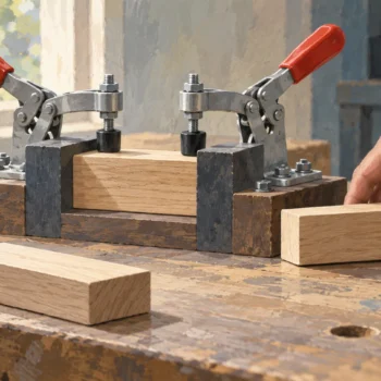 Two toggle clamps securing a wooden piece against separate reference blocks