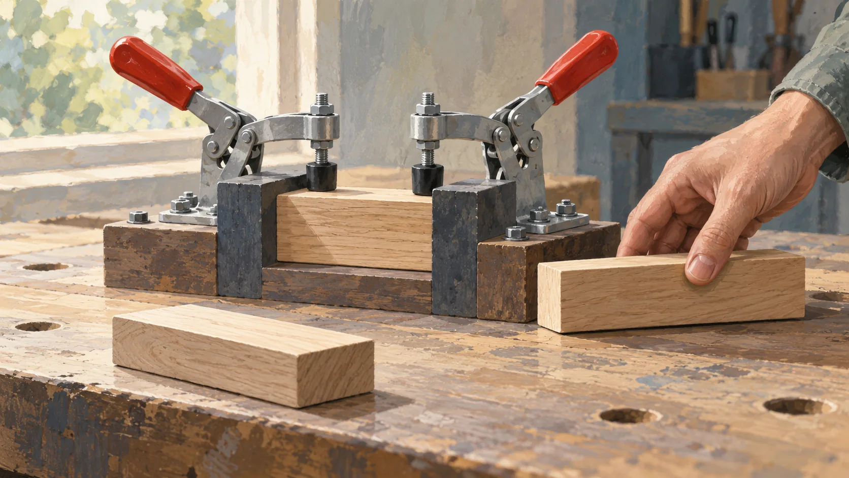 Two toggle clamps securing a wooden piece against separate reference blocks