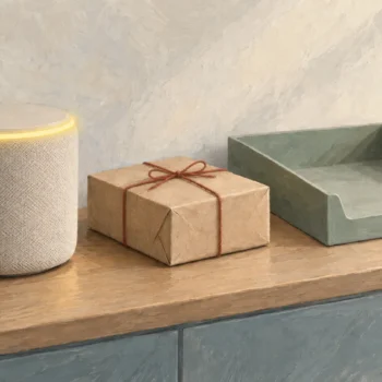 Smart speaker glowing yellow beside a parcel and an empty notification tray