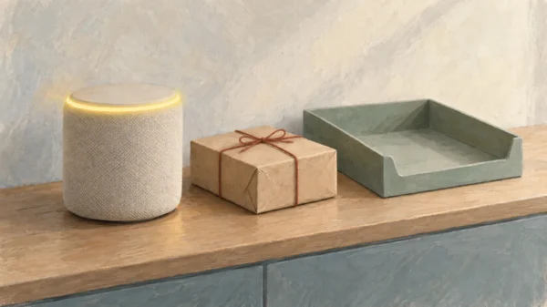 Smart speaker glowing yellow beside a parcel and an empty notification tray