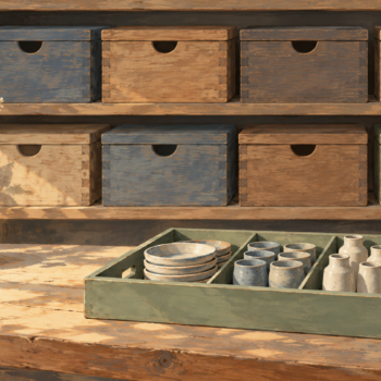A sorted tray is ready for immediate use in front of ordinary closed storage boxes