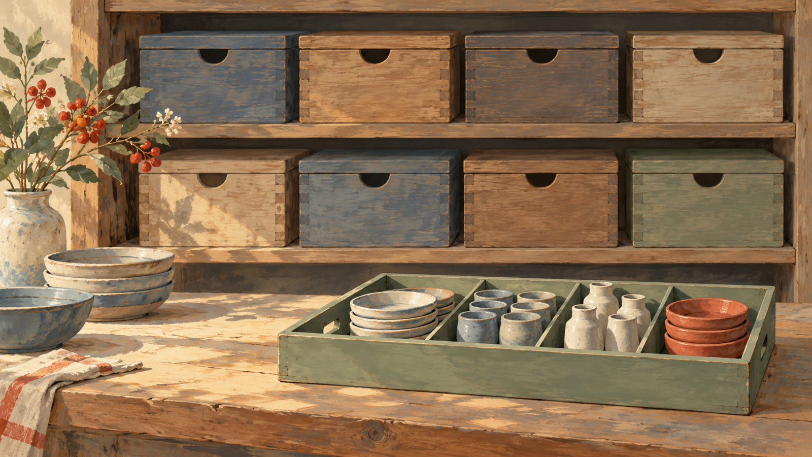 A sorted tray is ready for immediate use in front of ordinary closed storage boxes