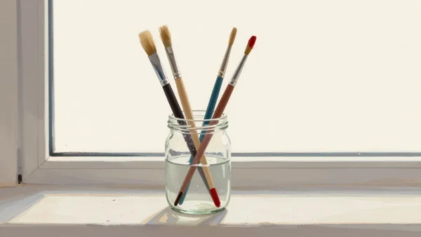 Paint brushes with clean and colored bristles stand together in a glass jar