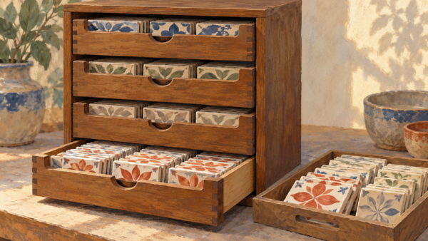 Completed ceramic tiles are filed in a cabinet beside a tray awaiting storage