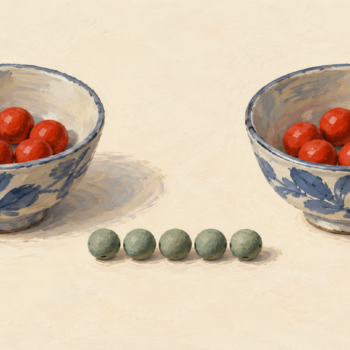 Two bowls hold equal groups of qualifying red beads while green beads remain outside