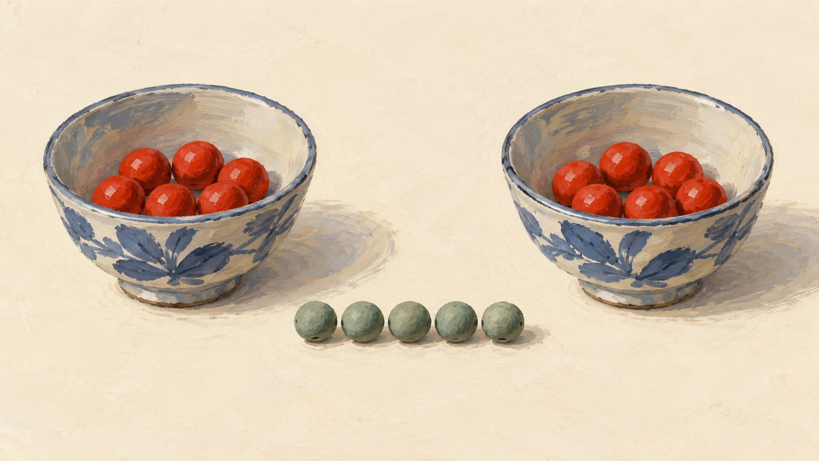 Two bowls hold equal groups of qualifying red beads while green beads remain outside