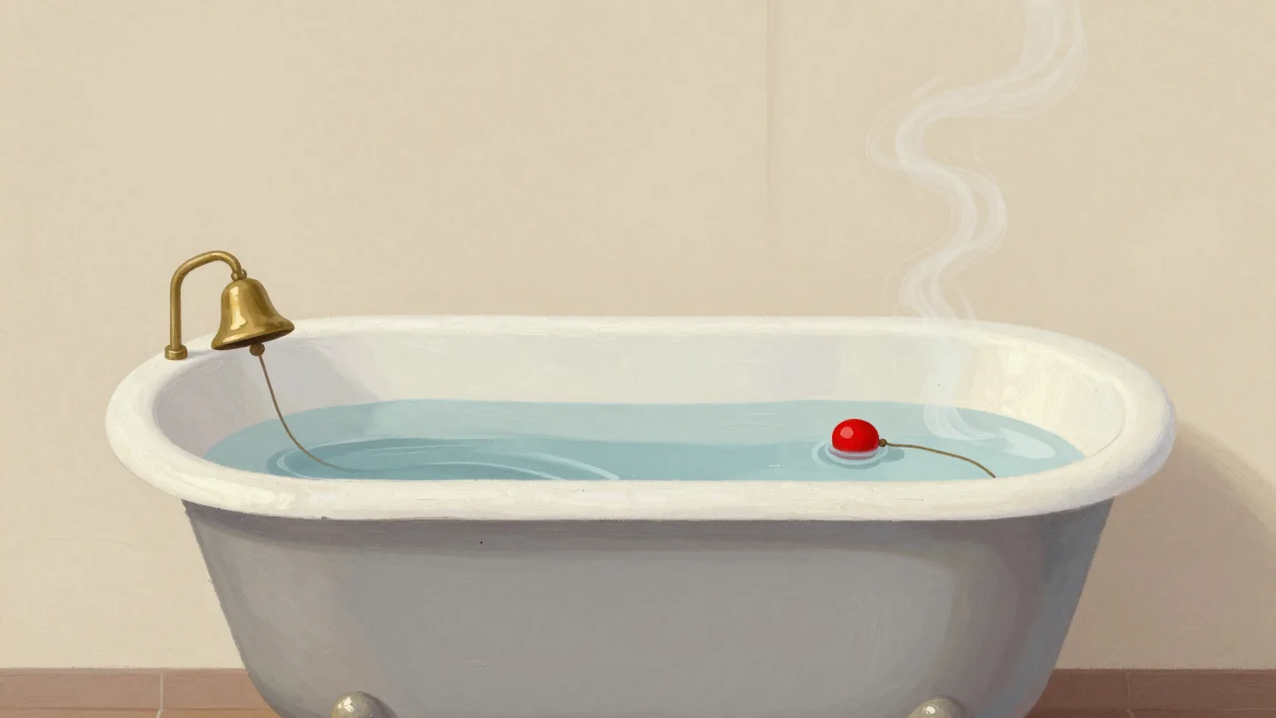 A filling bathtub with a red float tied to a small brass bell on the rim.