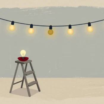 A string of glowing garden lights with one dark bulb, a replacement waiting on a stepladder.