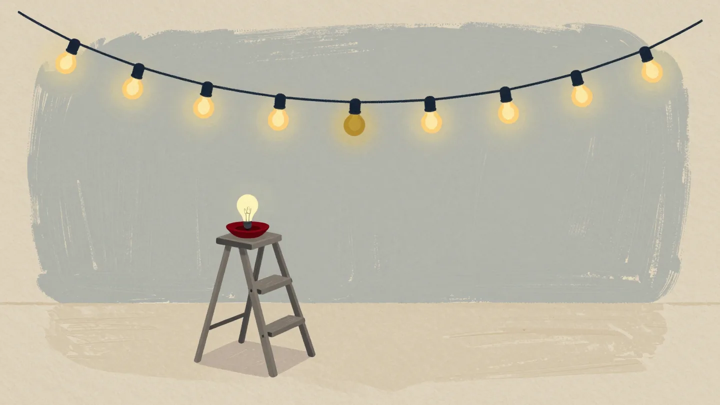 A string of glowing garden lights with one dark bulb, a replacement waiting on a stepladder.