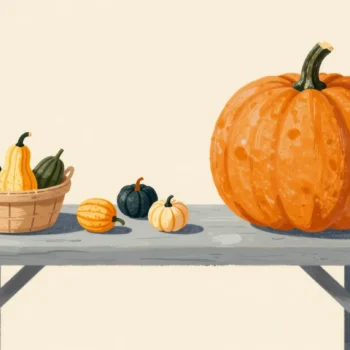 A giant pumpkin filling half a harvest table, small squashes set apart in their own basket.
