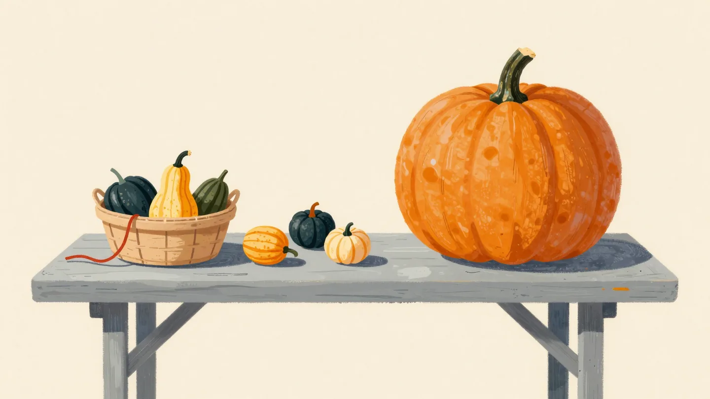 A giant pumpkin filling half a harvest table, small squashes set apart in their own basket.