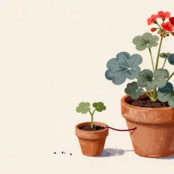 A small potted plant is connected to a larger source plant