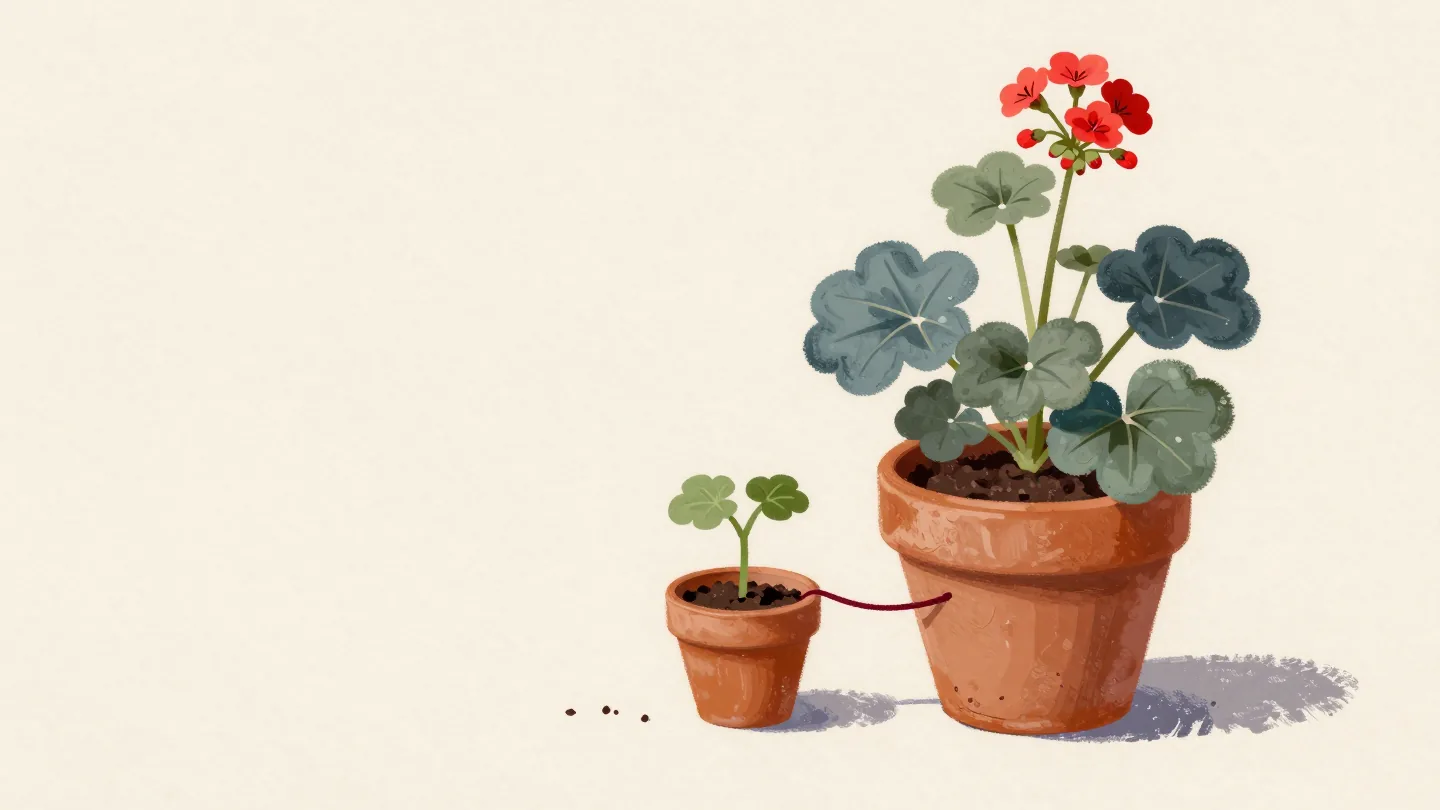 A small potted plant is connected to a larger source plant