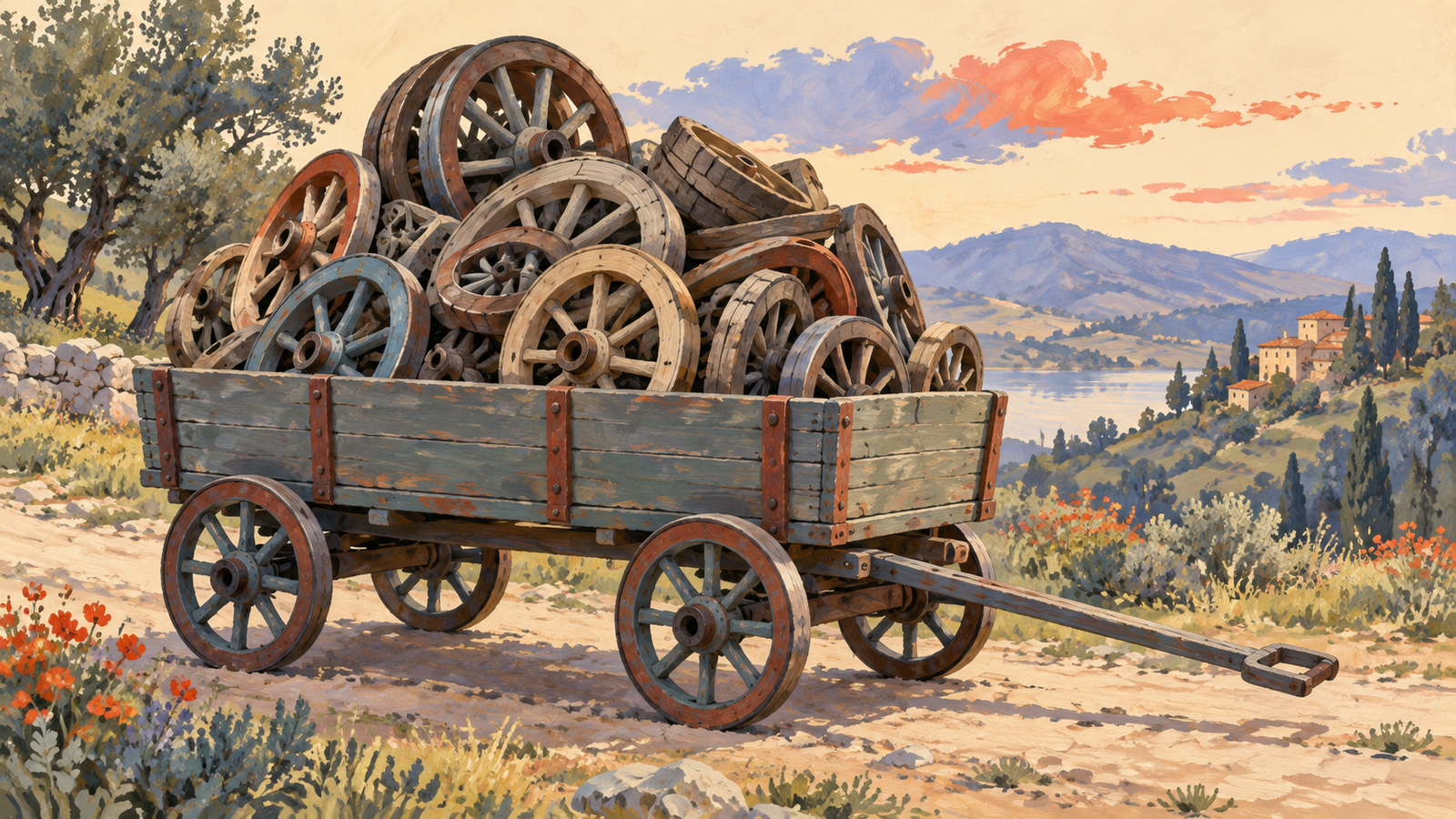 A wagon carries a heavy load of spare wheels in addition to its working wheels