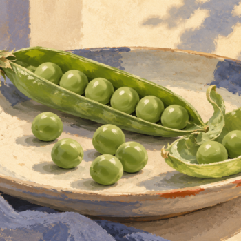 An opened pea pod lies beside its unwrapped peas
