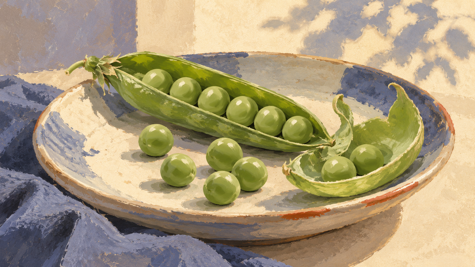 An opened pea pod lies beside its unwrapped peas