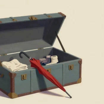 A large open steamer trunk in an attic holding only a few linens, some matching socks and one long red umbrella.