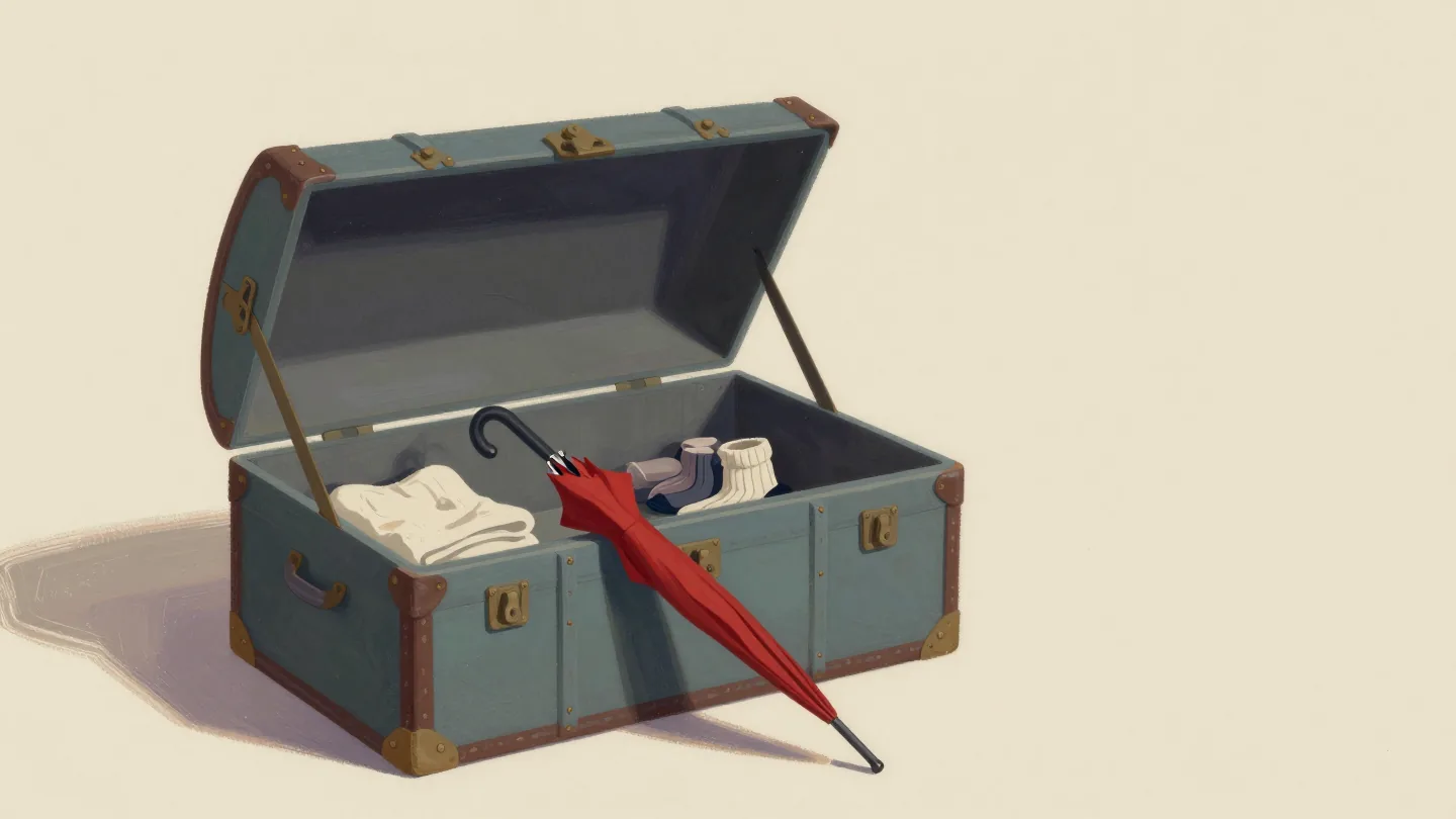 A large open steamer trunk in an attic holding only a few linens, some matching socks and one long red umbrella.