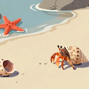 A hermit crab in a fresh shell beside its empty old one, a red starfish nearby.