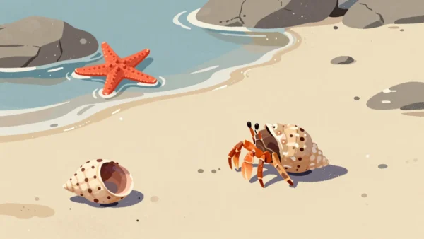 A hermit crab in a fresh shell beside its empty old one, a red starfish nearby.