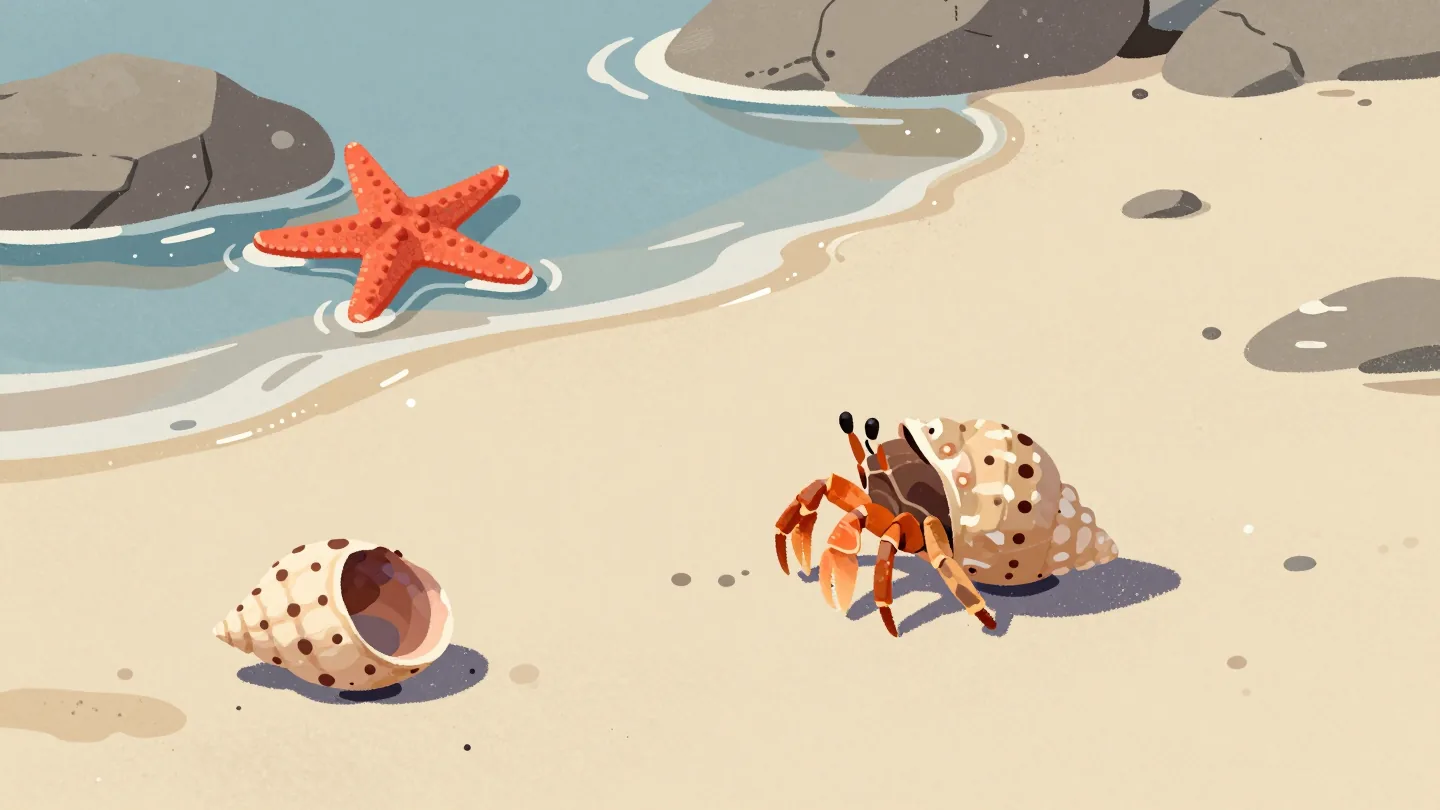 A hermit crab in a fresh shell beside its empty old one, a red starfish nearby.