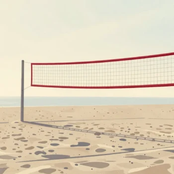 A beach volleyball net standing intact on smooth sand at dawn, every footprint around it washed away by the tide.