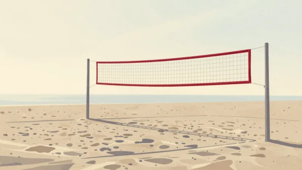 A beach volleyball net standing intact on smooth sand at dawn, every footprint around it washed away by the tide.